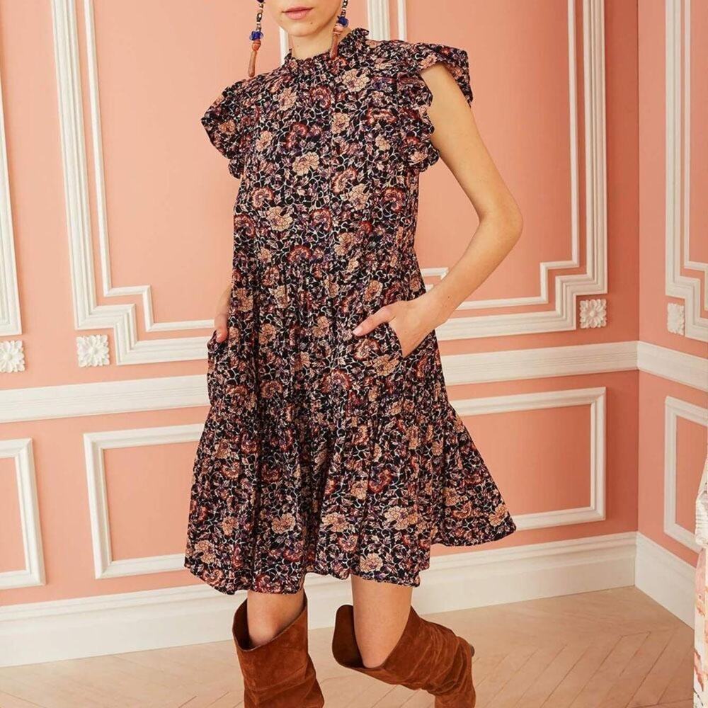 Ulla Johnson HANA Dress Midnight Floral Bohemian Cotton Blend Ruffle Boho 6